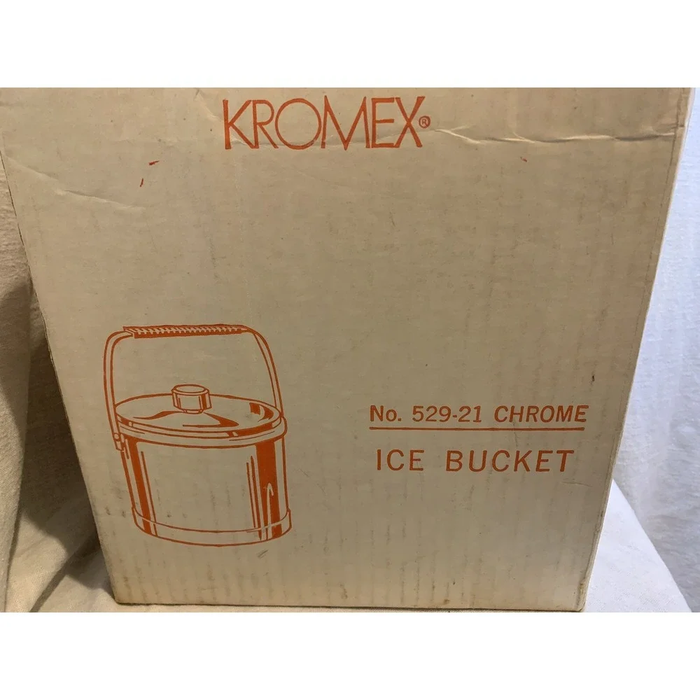 Kromex Ice Bucket Chrome Barware MCM USA w/ box wood accent handles Vint. Large
